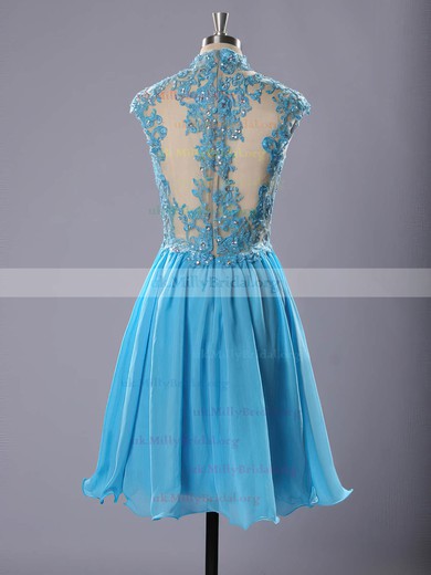 Girls Blue Chiffon Tulle Appliques Lace Short/Mini High Neck Prom Dresses #UKM020102183