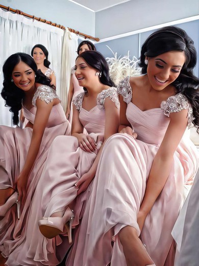 Good Chiffon Floor-length Appliques Lace V-neck Pink Bridesmaid Dress #UKM01012776