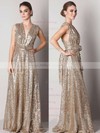 Backless A-line V-neck Gold Sequined Sexy Bridesmaid Dresses #UKM01012791