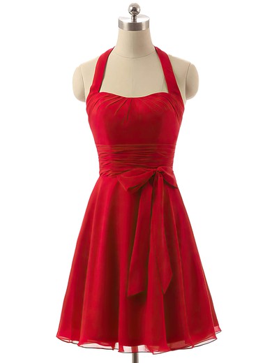Short/Mini Halter Chiffon Sashes / Ribbons Vintage Red Bridesmaid Dresses #UKM01012792