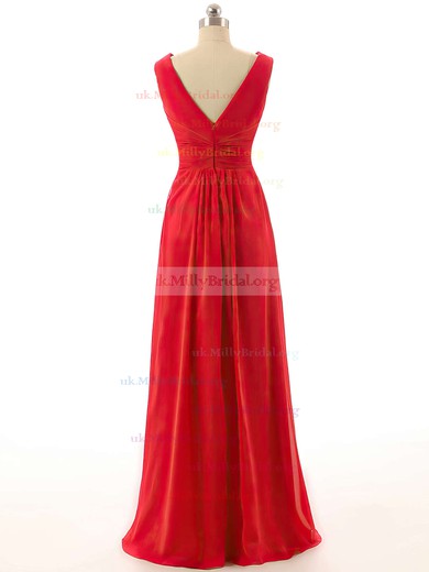 Red Empire V-neck Chiffon with Ruffles Promotion Long Bridesmaid Dresses #UKM01012800