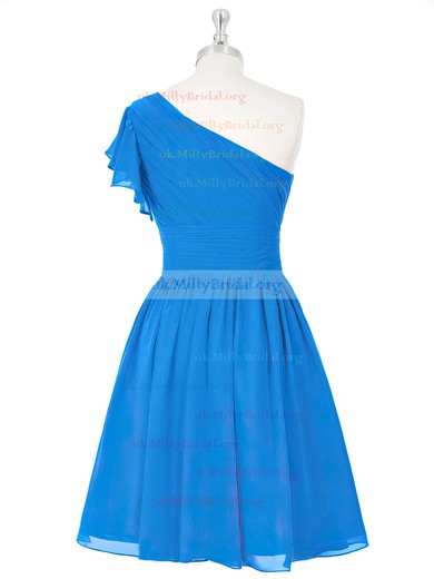 Nice Blue Chiffon Ruched Short/Mini One Shoulder Bridesmaid Dresses #UKM01012815