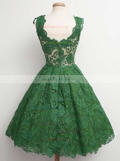 A-line V-neck Lace Knee-length Appliques Lace Prom Dresses #UKM020102389