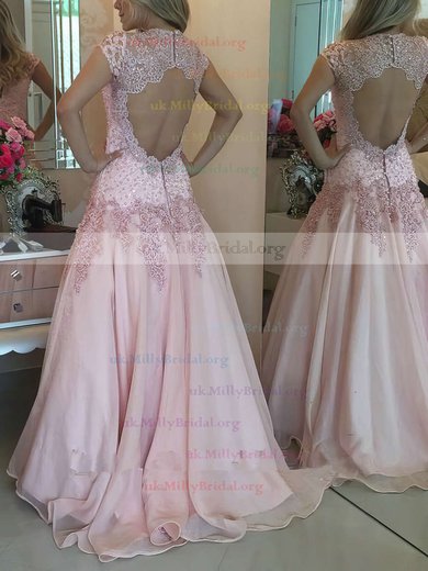 A-line High Neck Tulle Floor-length Appliques Lace Prom Dresses #UKM020102398