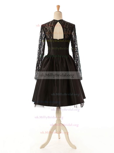 Black A-line Scoop Neck Lace Tulle Silk-like Satin Knee-length Long Sleeve Prom Dresses #UKM020102516