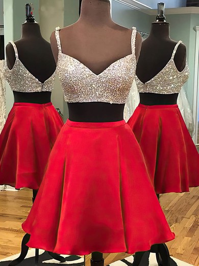 A-line V-neck Satin Short/Mini Crystal Detailing Hot Two Piece Prom Dress #UKM020102541