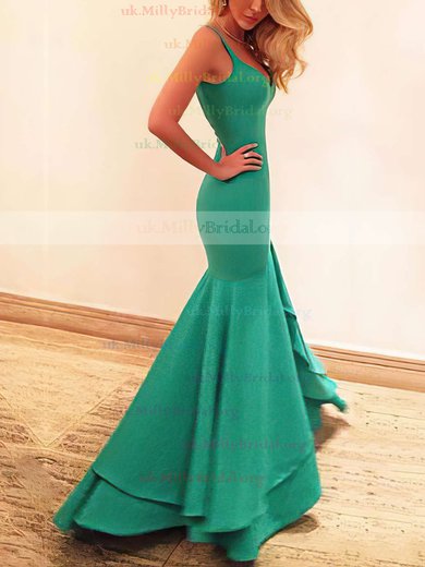 Trumpet/Mermaid V-neck Silk-like Satin Asymmetrical Prom Dresses #UKM020102466