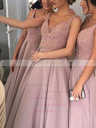 Princess V-neck Satin Floor-length with Beading Stunning Bridesmaid Dresses #UKM01012912