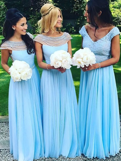 A-line Scoop Neck Chiffon Tulle Floor-length Pearl Detailing New Bridesmaid Dresses #UKM01012921