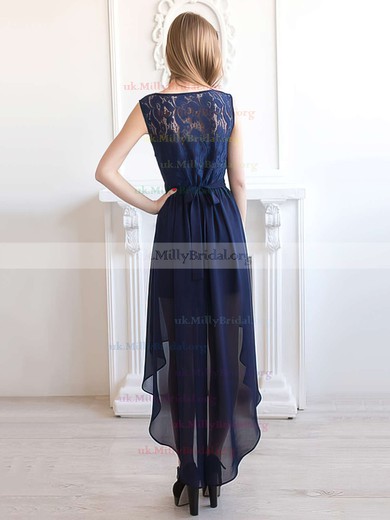 A-line Scoop Neck Chiffon with Lace Asymmetrical Dark Navy Bridesmaid Dresses #UKM01012927