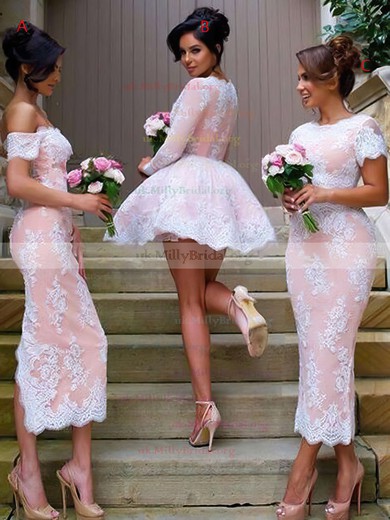 Cute A-line V-neck Tulle Short/Mini Appliques Lace Long Sleeve Bridesmaid Dresses #UKM01012937
