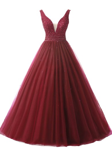 Ball Gown V-neck Floor-length Tulle Beading Prom Dresses #UKM020102689
