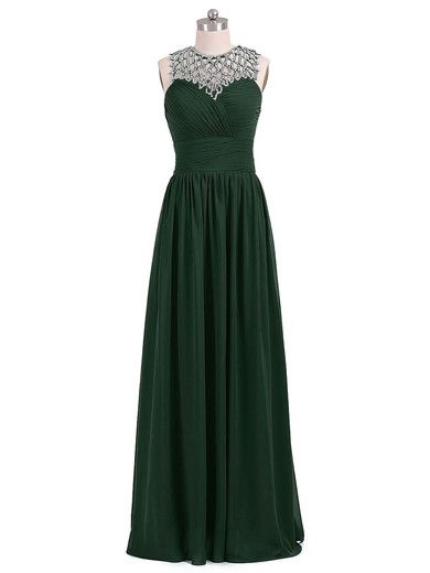 A-line Scoop Neck Floor-length Chiffon Beading Prom Dresses #UKM020102696