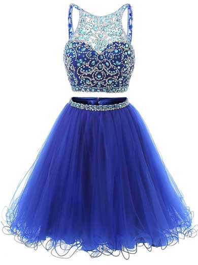 Two Piece A-line Scoop Neck Tulle Short/Mini Beading Royal Blue Backless Prom Dress #UKM020102726