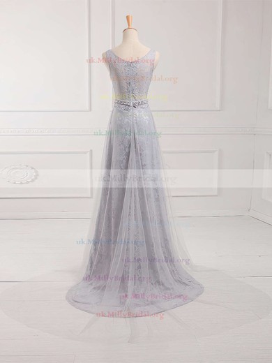 Sheath/Column Scoop Neck Lace Tulle Sweep Train Beading Prom Dresses #UKM020102739