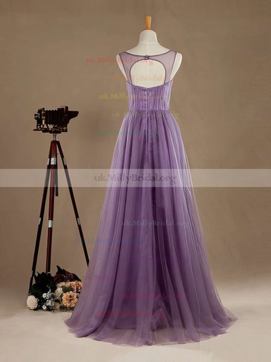 Elegant A-line V-neck Tulle Floor-length Beading Open Back Bridesmaid Dresses #UKM01012965