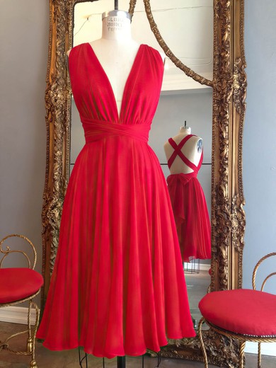 Simple A-line V-neck Chiffon Knee-length Ruffles Red Backless Prom Dresses #UKM020102648