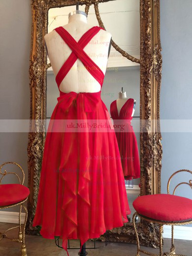 Simple A-line V-neck Chiffon Knee-length Ruffles Red Backless Prom Dresses #UKM020102648