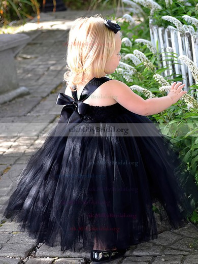 Cute Princess Square Neckline Tulle Flower(s) Black Tea-length Flower Girl Dresses #UKM01031907