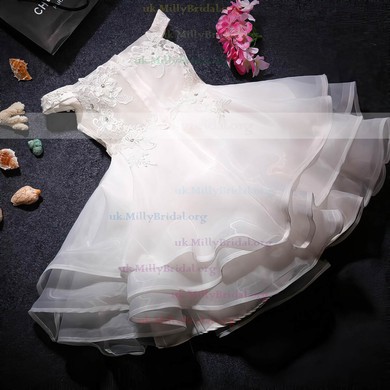 Custom A-line Off-the-shoulder Organza Beading Tea-length Flower Girl Dresses #UKM01031919