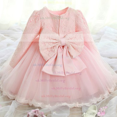 Popular Ball Gown Scoop Neck Lace Tulle Ankle-length Bow Long Sleeve Flower Girl Dresses #UKM01031921