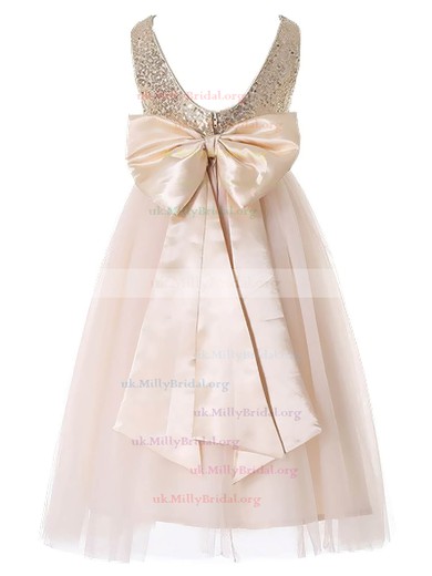 Discounted A-line Scoop Neck Tulle Sequined Floor-length Bow Flower Girl Dresses #UKM01031931