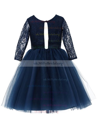 A-line Scoop Neck Lace Tulle Sashes / Ribbons Long Sleeve Tea-length Latest Flower Girl Dresses #UKM01031947