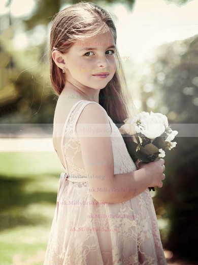 Classy A-line Scoop Neck Lace Sashes / Ribbons Knee-length Flower Girl Dresses #UKM01031949