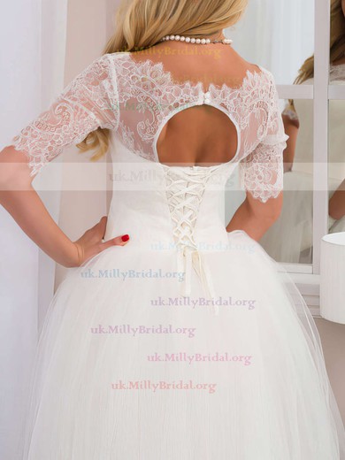 White A-line Scoop Neck Tulle Floor-length Lace 1/2 Sleeve Unique Wedding Dresses #UKM00022525