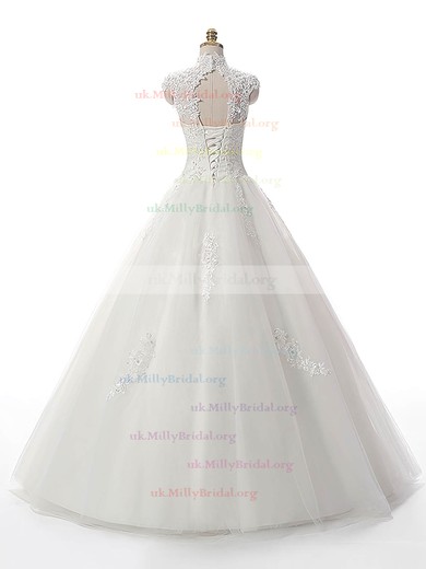 Modest Ball Gown High Neck Tulle Floor-length Appliques Lace White Wedding Dresses #UKM00022537