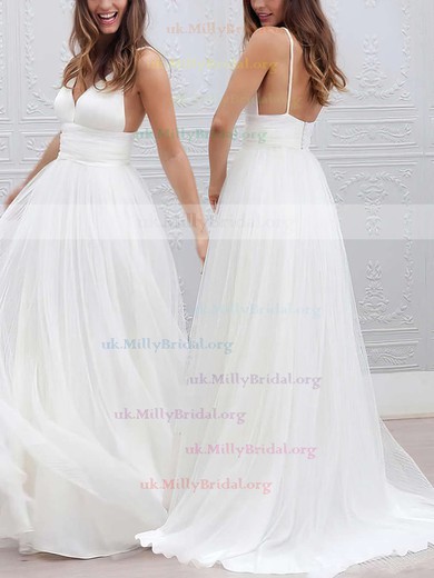 New Arrival A-line V-neck Tulle Sweep Train Pleats Backless Wedding Dresses #UKM00022553