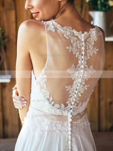 Cheap A-line Scoop Neck Chiffon Sweep Train Appliques Lace White Wedding Dresses #UKM00022561