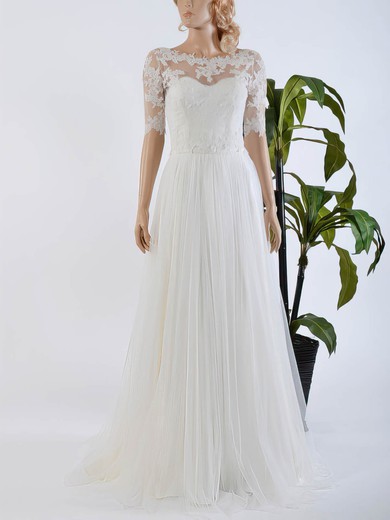 Original A-line Scoop Neck Tulle Chiffon Sweep Train Appliques Lace 1/2 Sleeve Wedding Dresses #UKM00022567