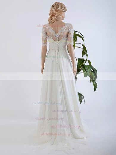 Original A-line Scoop Neck Tulle Chiffon Sweep Train Appliques Lace 1/2 Sleeve Wedding Dresses #UKM00022567