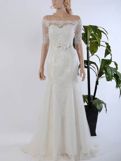 Nice Trumpet/Mermaid Off-the-shoulder Tulle Sweep Train Appliques Lace 1/2 Sleeve Wedding Dresses #UKM00022568