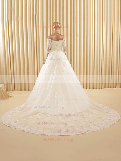 Custom A-line Off-the-shoulder Tulle Chapel Train Appliques Lace 3/4 Sleeve Wedding Dress #UKM00022571