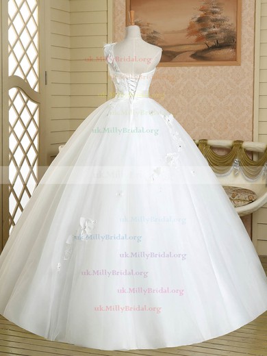 White Ball Gown One Shoulder Tulle Floor-length Appliques Lace Elegant Wedding Dress #UKM00022582