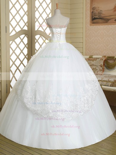 Ball Gown Strapless Tulle Floor-length Appliques Lace White Wholesale Wedding Dresses #UKM00022583