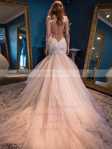 Trumpet/Mermaid Sweetheart Tulle Watteau Train Appliques Lace Glamorous Wedding Dresses #UKM00022591