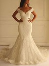 Trumpet/Mermaid V-neck Lace Tulle Court Train Appliques Lace Discounted Wedding Dresses #UKM00022596