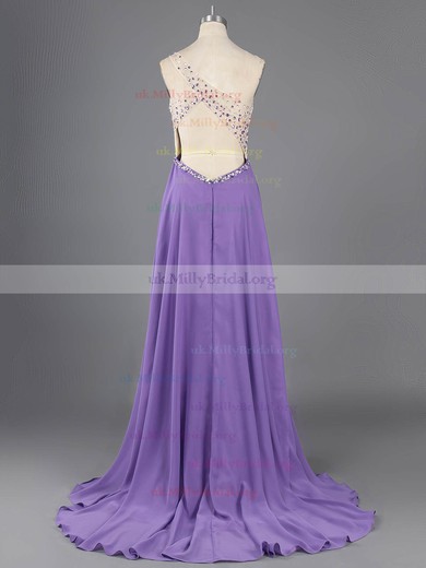 A-line One Shoulder Chiffon Sweep Train Crystal Detailing Prom Dresses #ZPUKM02016732