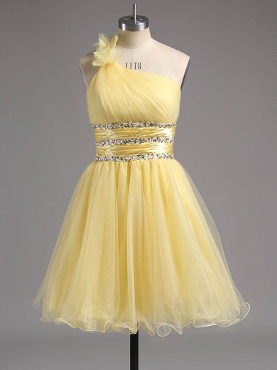 Cute Empire One Shoulder Tulle Beading Short/Mini Prom Dresses #ZPUKM02013242