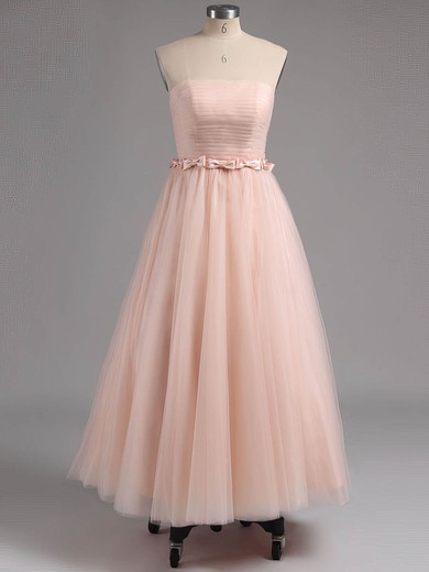 Sweet A-line Strapless Tulle Sashes / Ribbons Tea-length Prom Dresses #ZPUKM02013482