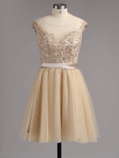 A-line Scoop Neck Satin Tulle Appliques Lace Short/Mini Glamorous Prom Dresses #ZPUKM02016005