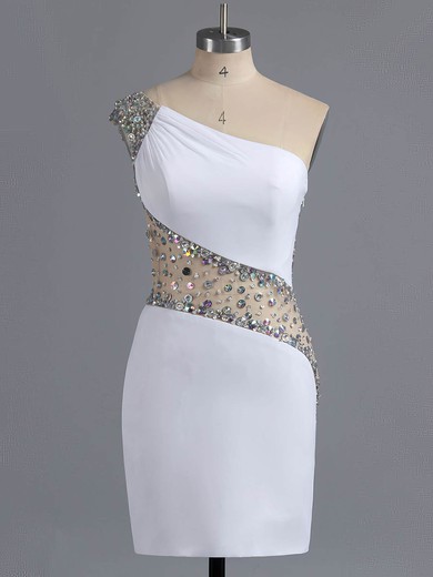 Sheath/Column Chiffon Tulle Short/Mini Crystal Detailing One Shoulder Prom Dresses #ZPUKM02016008