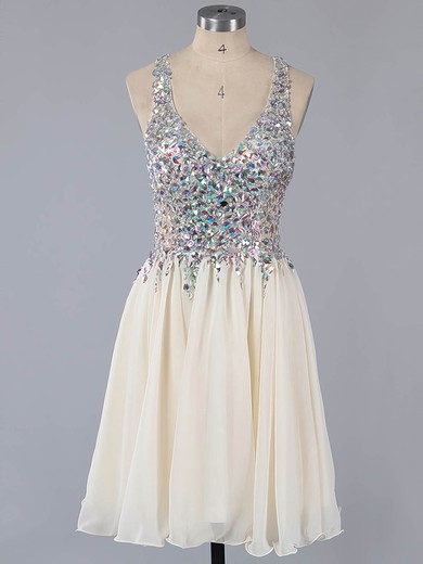 A-line V-neck Lace Chiffon Crystal Detailing Short/Mini Amazing Prom Dresses #ZPUKM02016363