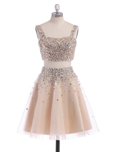 Sparkly A-line Square Neckline Tulle Short/Mini Beading Two Piece Prom Dresses #ZPUKM02019194