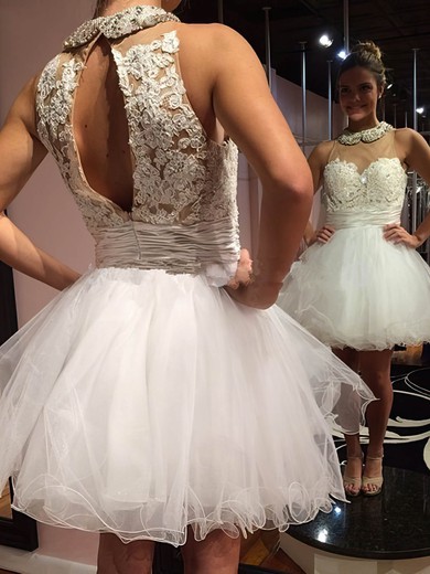 Scoop Neck A-line White Organza Tulle Sashes / Ribbons Beautiful Prom Dresses #UKM02018663