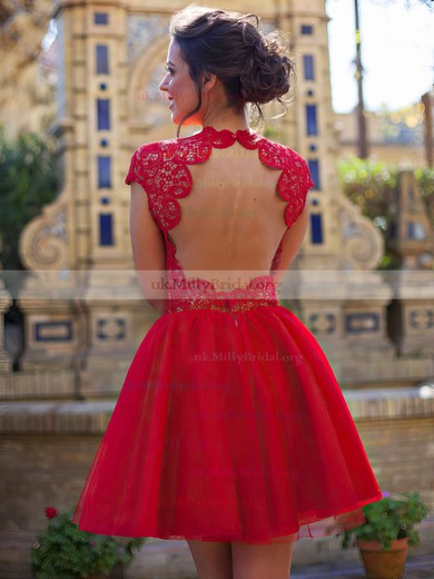 A-line Scoop Neck Lace Tulle Short/Mini Appliques Lace Prom Dresses #UKM02019873
