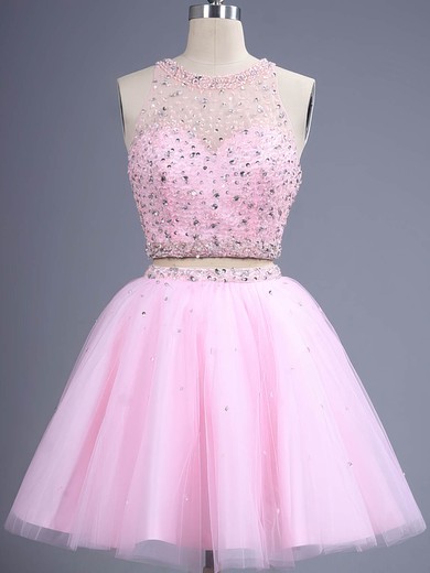 Trendy Two Piece Short/Mini Scoop Neck Pink Tulle Beading Prom Dresses #UKM02019884